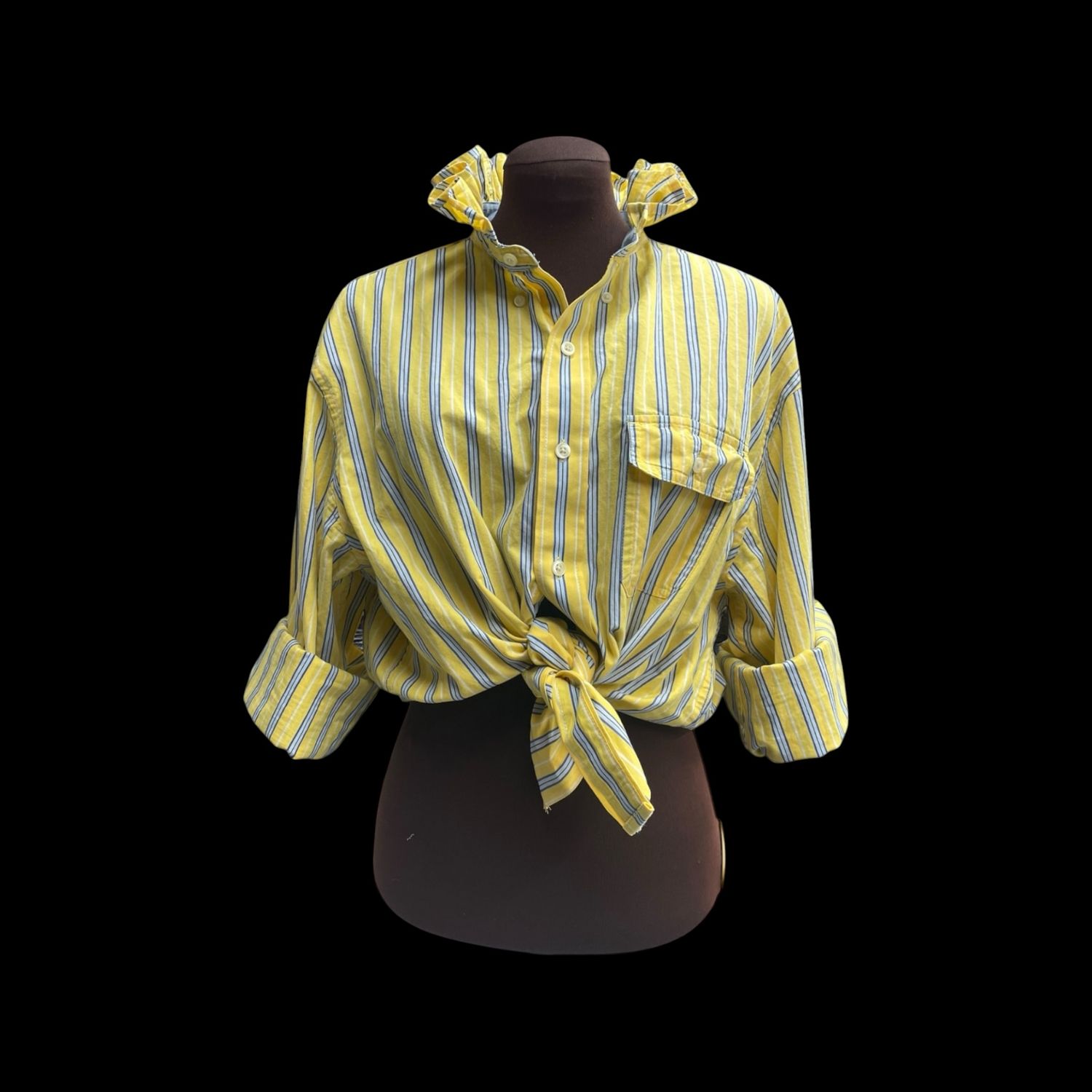Upcycled Women’s Yellow and Blue Button Down Shirt Ruffle Collar Cotton Long Sleeve Top