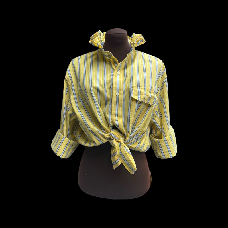 Upcycled Women’s Yellow and Blue Button Down Shirt Ruffle Collar Cotton Long Sleeve Top