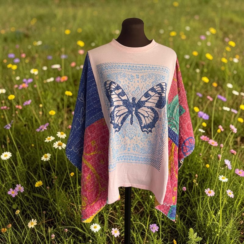 Butterfly Ladies Upcycled Poncho Tunic Festival Outfit