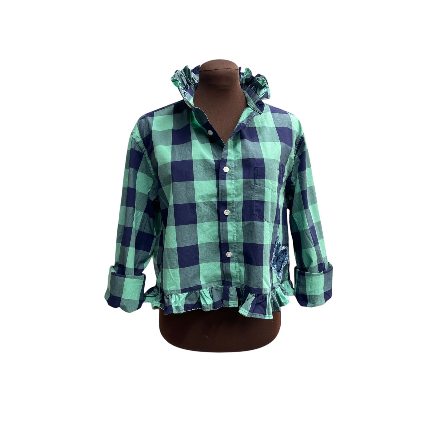 Ladies Plaid Blouse with Ruffled Collar and Hem