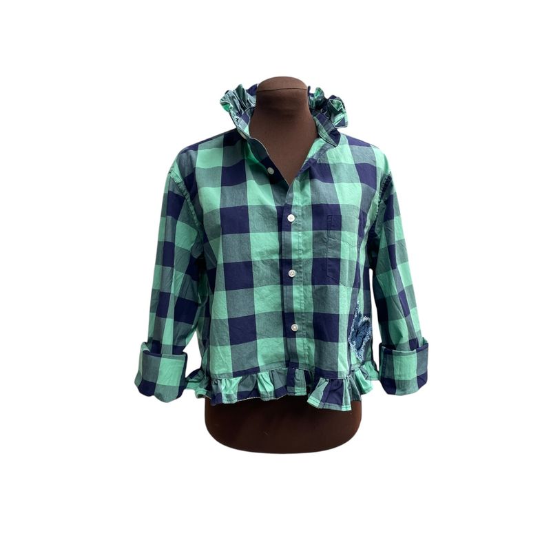 Ladies Plaid Blouse with Ruffled Collar and Hem