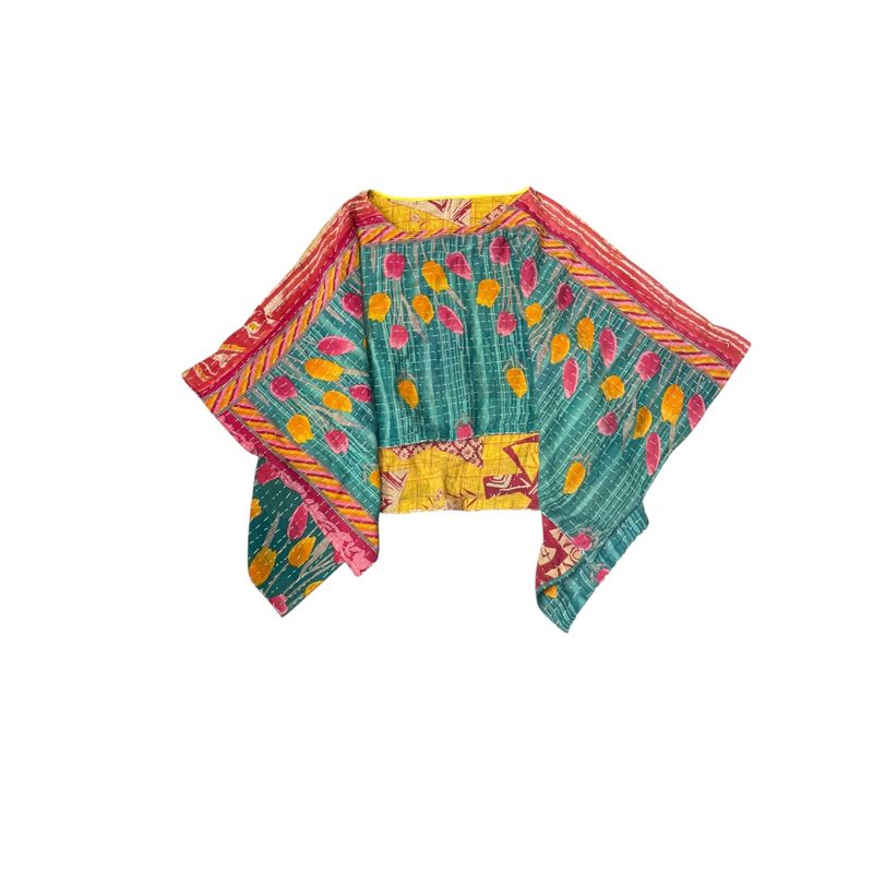 One-of-a-Kind Upcycled Kantha Poncho | High-Low Hem