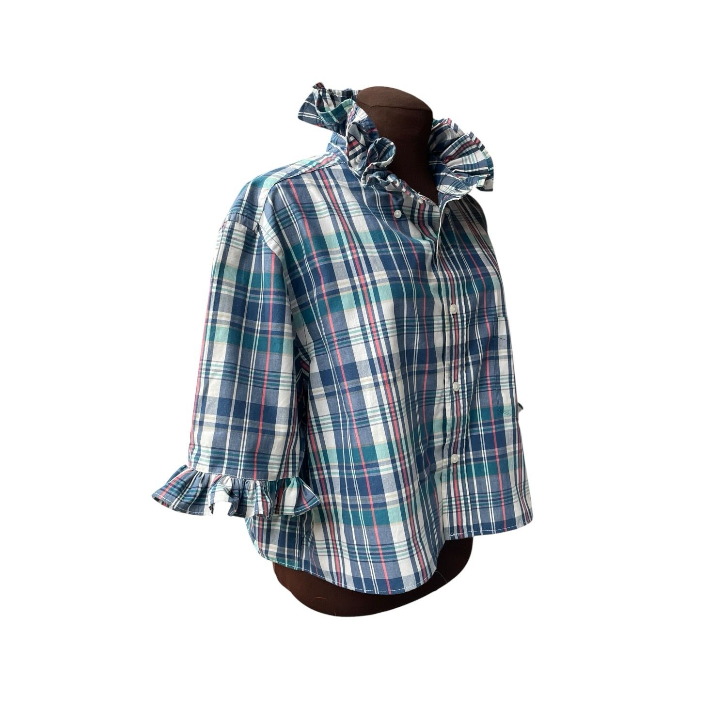 Feminine Ruffled Collared Ladies Short Cotton Summer Plaid Button Down Shirt with 3/4 Ruffled Sleeves