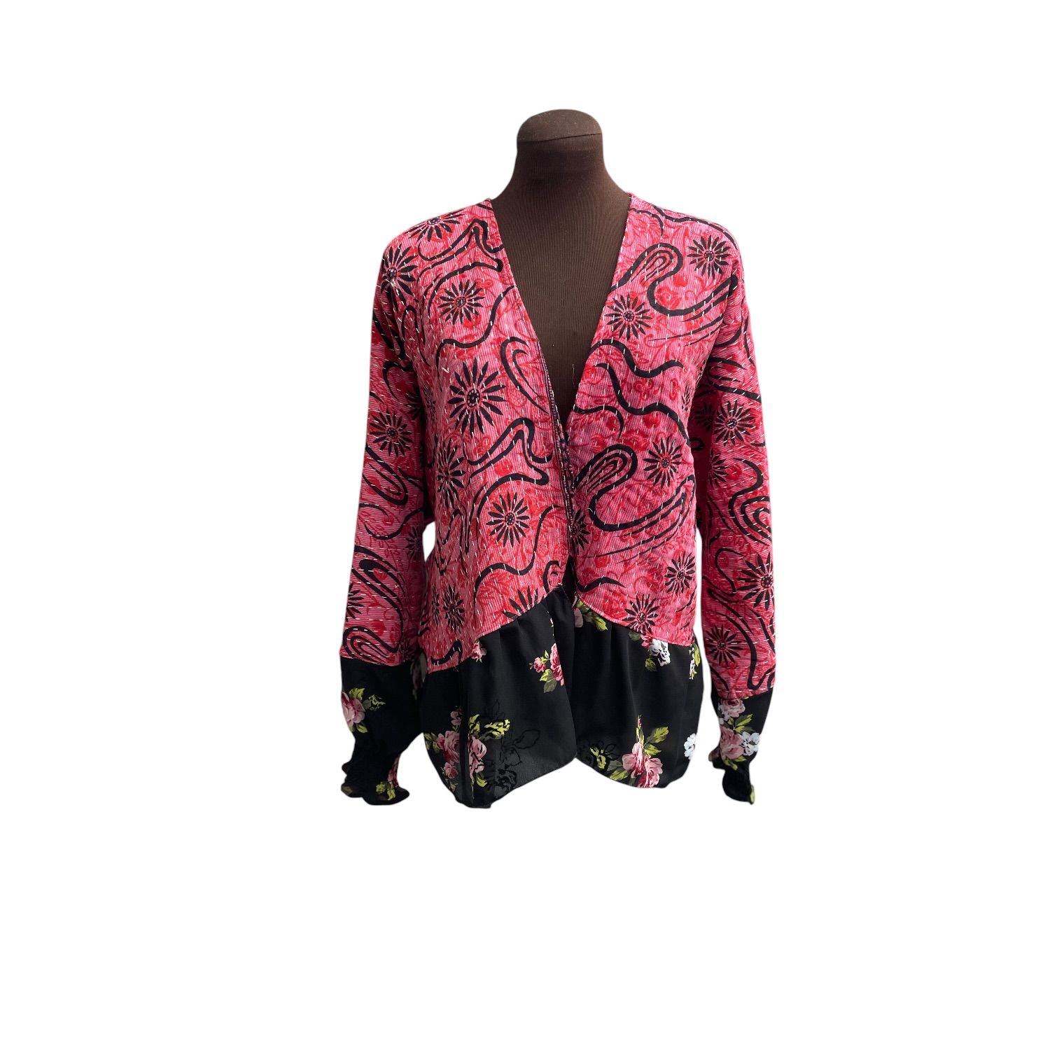 Boho Kantha Jacket with Chiffon Ruffle Hem – Women’s Lightweight Layering Jacket