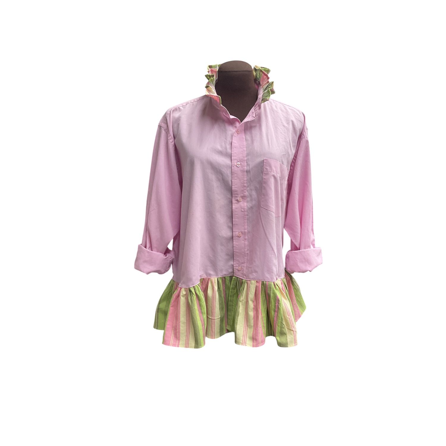 Upcycled Pink Button-Down Shirt with Striped Ruffle Collar &amp; Hem – Oversized Women’s Top, Fits Up to XXL