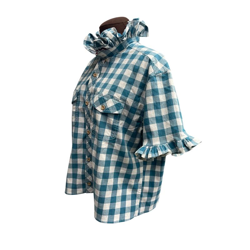 Repurposed Aqua &amp; White Gingham Ruffle Top – Women’s XL Oversized Button Down Shirt