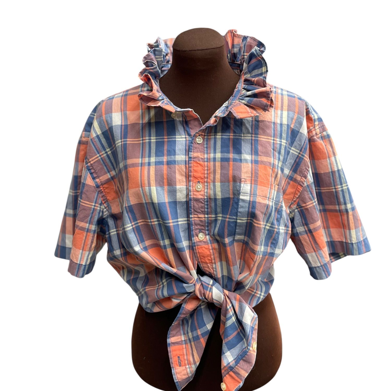 Upcycled Coral, Aqua &amp; White Plaid Ruffle Collar Button-Down Shirt | Women’s XXL | Lightweight Cotton Blend Top