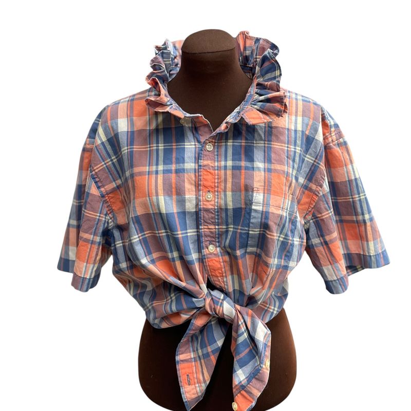 Upcycled Coral, Aqua &amp; White Plaid Ruffle Collar Button-Down Shirt | Women’s XXL | Lightweight Cotton Blend Top