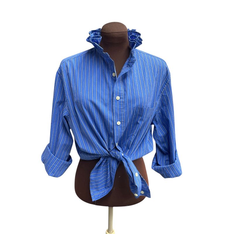 Royal Blue Pinstripe Ruffle Collar Button-Down Shirt – Repurposed Cotton Blend Top – Women’s XL