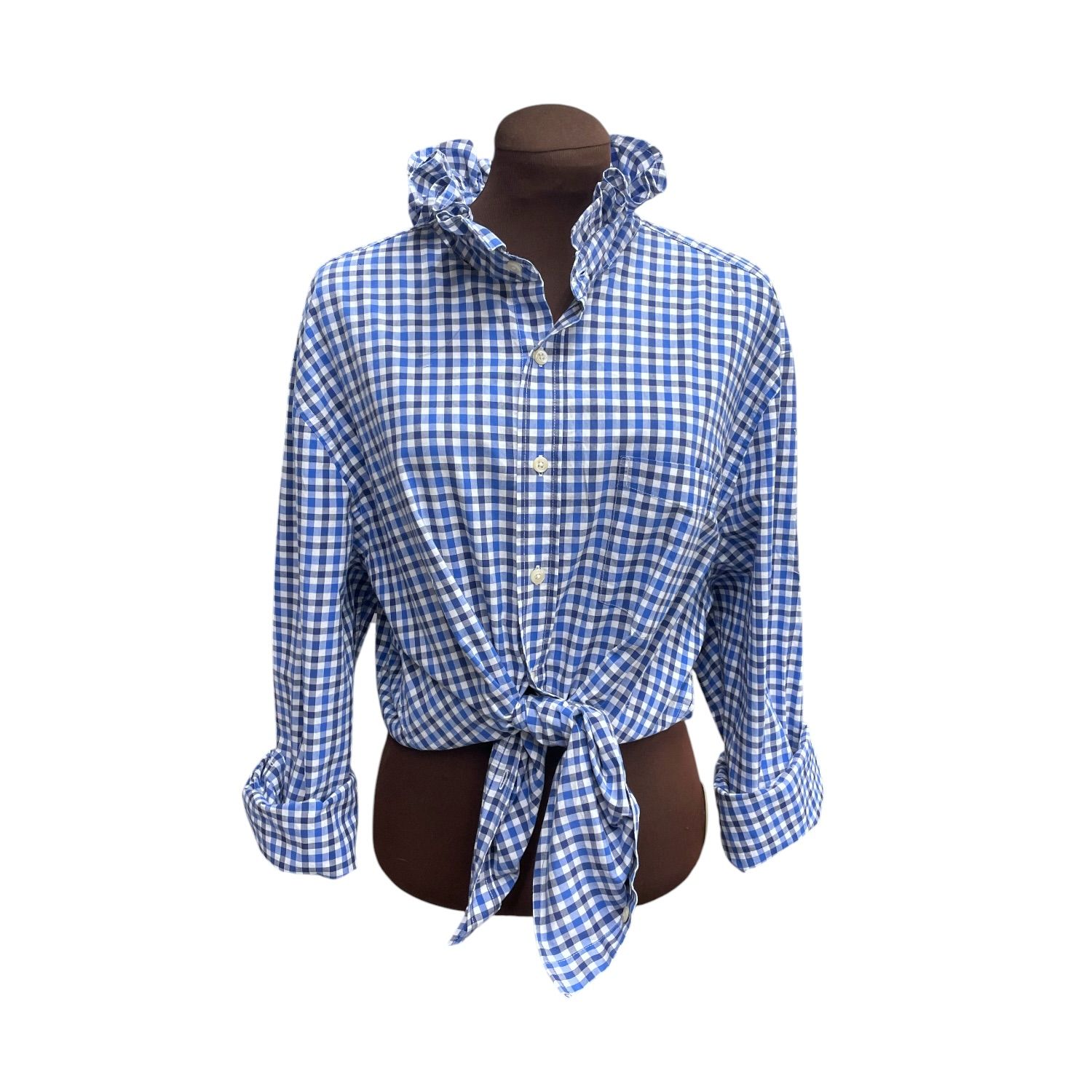 Upcycled Oversized Gingham Button-Down Shirt with Ruffled Collar – Blue &amp; White Cotton Shirt