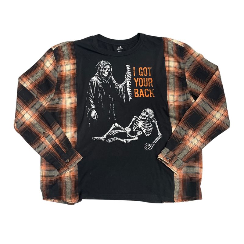 Upcycled Halloween Skeleton Shirt | Plaid Flannel Top