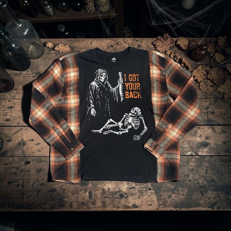 Upcycled Halloween Skeleton Shirt | Plaid Flannel Top
