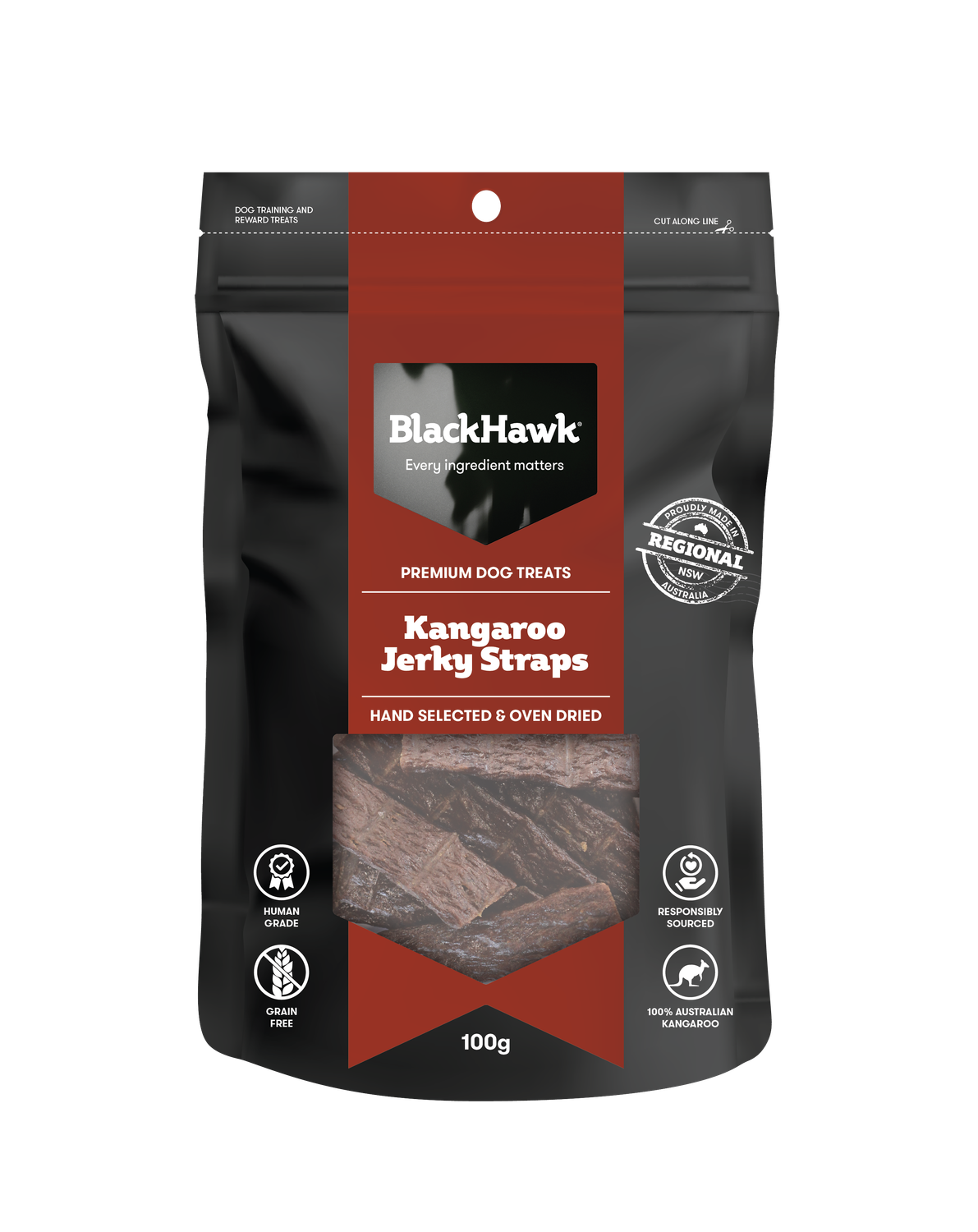 Black Hawk Dog Treats Kangaroo Jerky Straps 100g