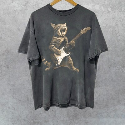 Rock Cat Playing Guitar Vintage Comfort Colors Shirt, Retro Funny Guitar Cat T-Shirt, Cat Rock Shirt