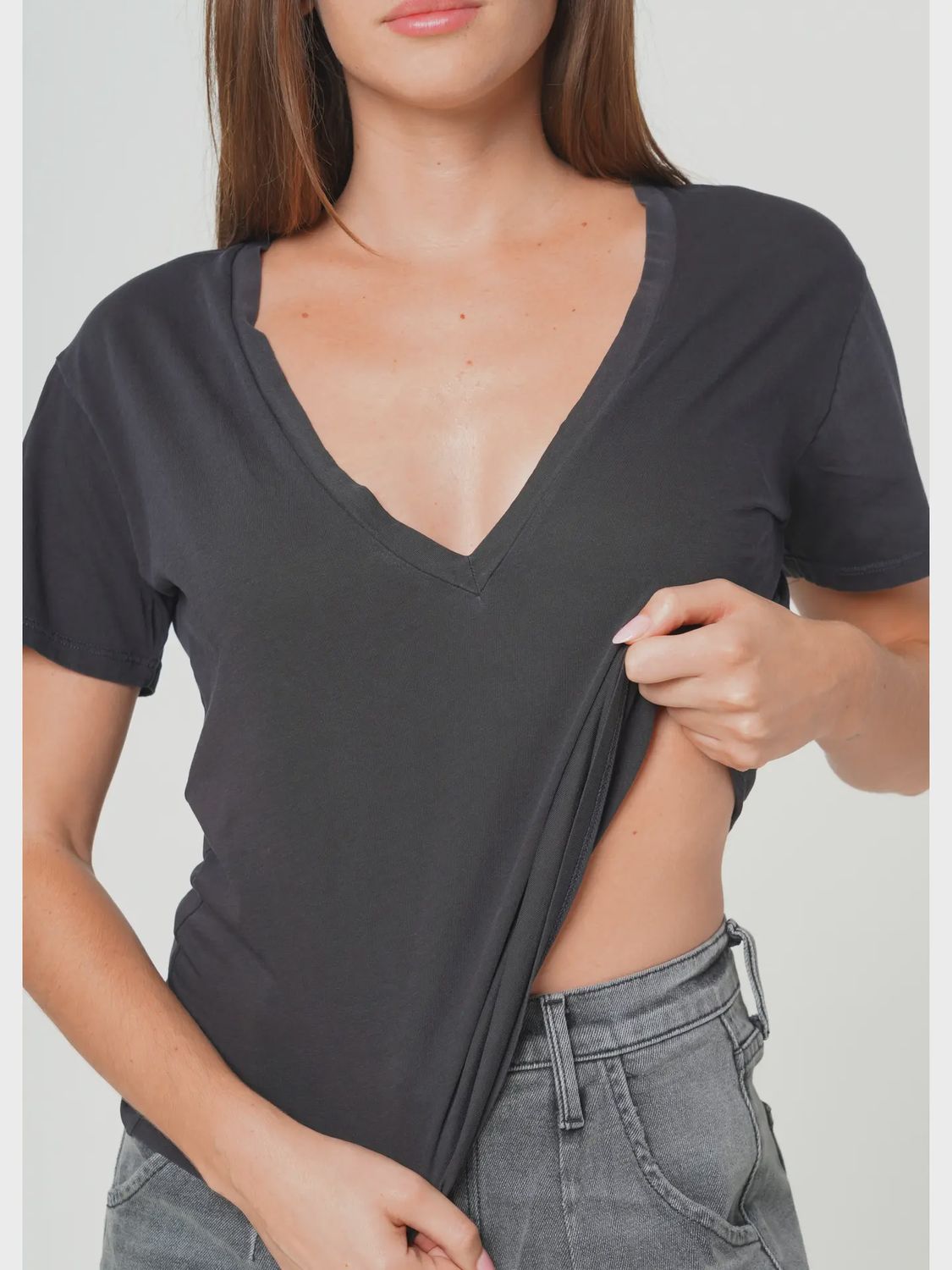 Supima Cotton Plunge V Neck Tee - Vintage Black