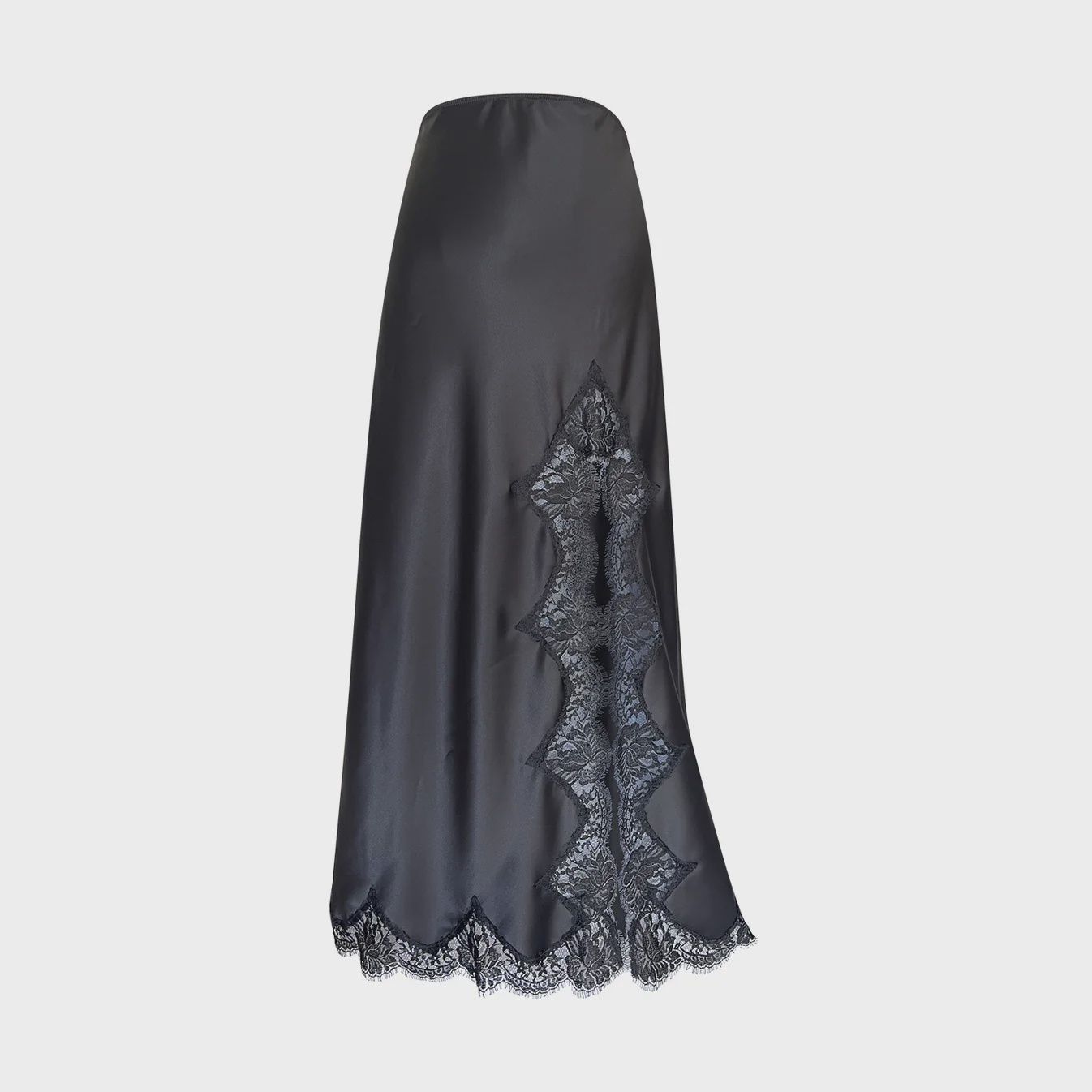 Black Lace Trimmed Silk Skirt with Front Split