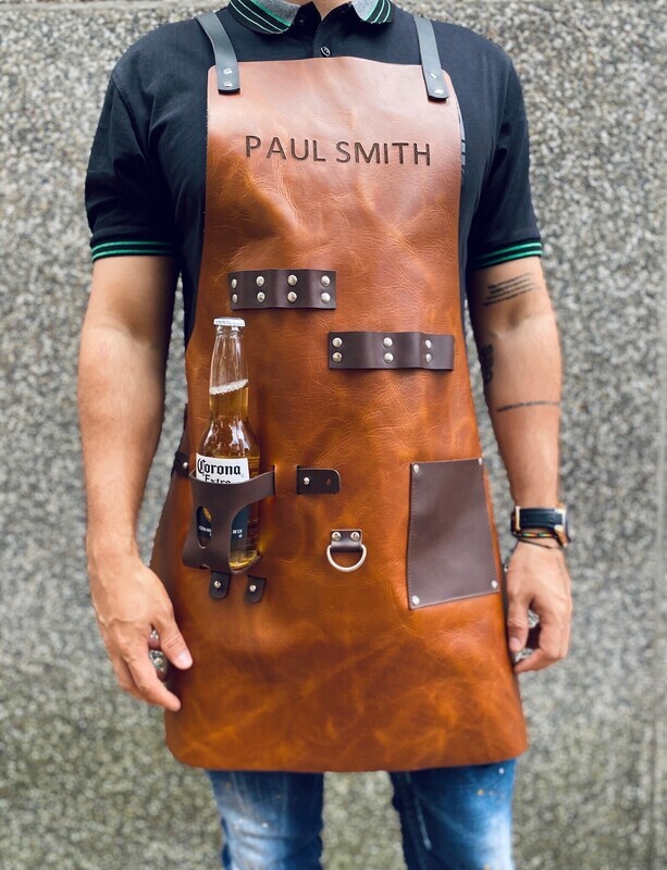 Personalized BBQ Leather Apron, Adjustable Beer Holder