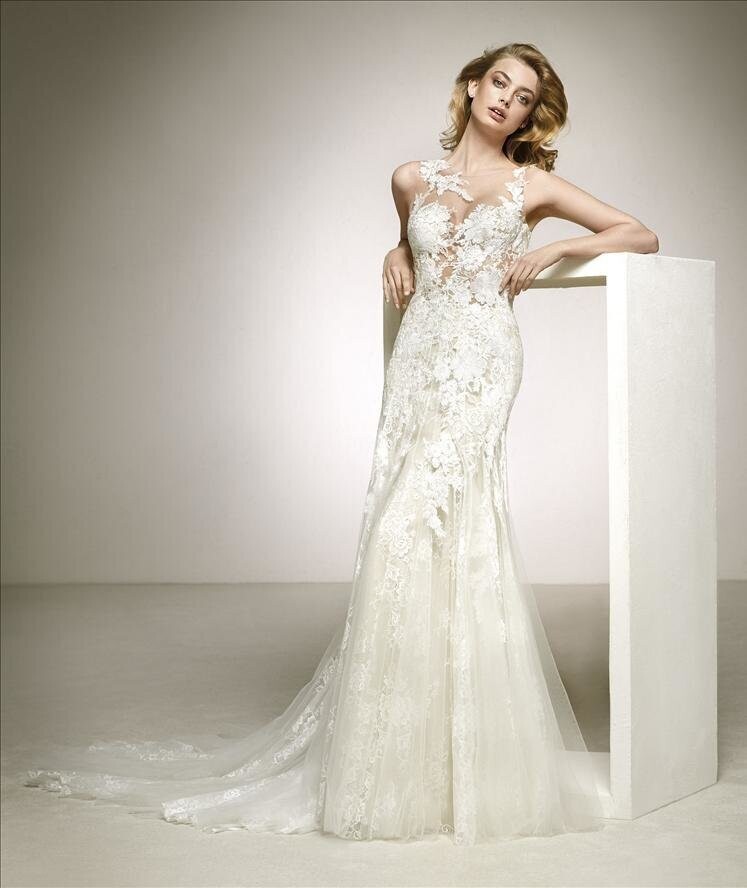 Pronovias Dress Dalia Off White/Crystal/Nude/Beige Size 14