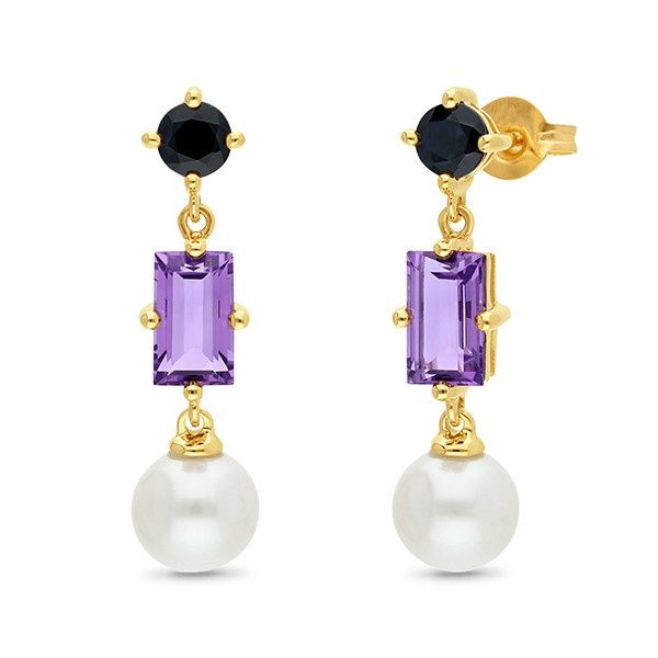 9ct yellow gold amethyst, pearl, and sapphire earrings