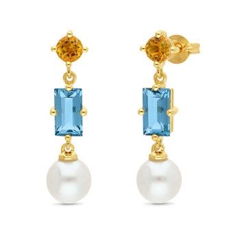 EARRING 9ct Yellow Gold  &amp; CITRINE &amp; PEARL - FRESHWATER &amp; TOPAZ - LONDON BLUE LBT