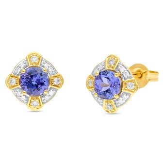 EARRING 9ct Yellow Gold &amp; TANZANITE &amp; DIAMOND Stud