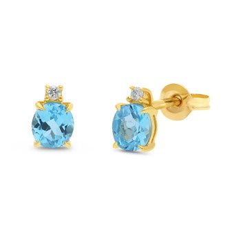 EARRING 9ct Yellow Gold &amp; TOPAZ Stud - BLUE &amp; DIAMOND
