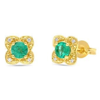EARRING 9ct Yellow Gold, EMERALD &amp; DIAMOND 4 Petal Flower stud