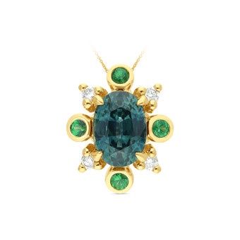 PENDANT 9ct Yellow Gold  &amp; TSAVORITE-GREEN &amp; XSAPPHIRE - TEAL-S &amp; DIAMOND
