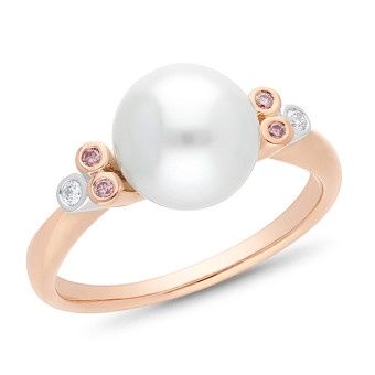 RING 9ct (R/W) Multi Coloured Gold &amp; PEARL - SOUTH SEA &amp; DIAMOND &amp; PINK DIAMOND