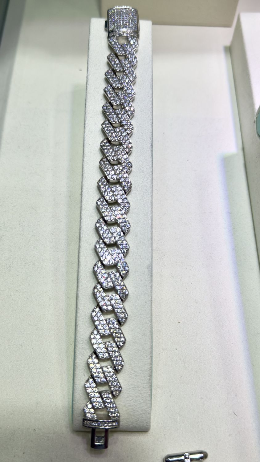 Large Flat Curb Linked Silver Iced Bracelet with Cubic Zirconia Stones