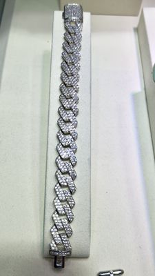 Large Flat Curb Linked Silver Iced Bracelet with Cubic Zirconia Stones