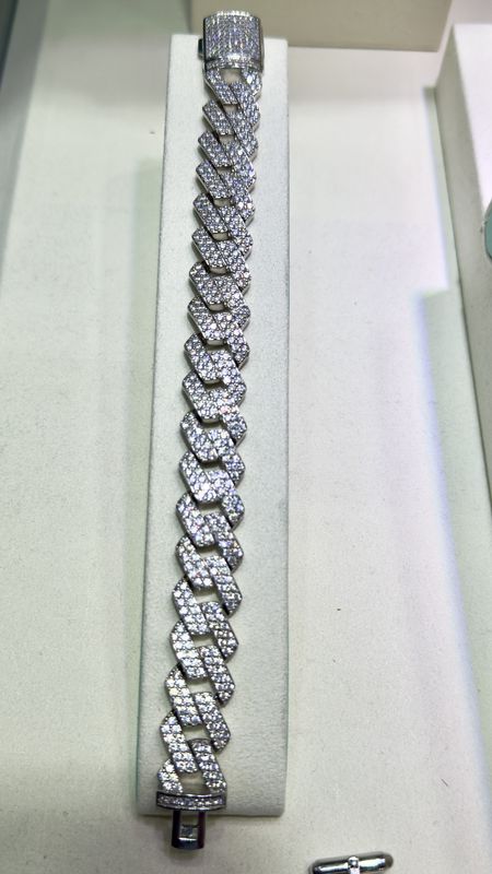 Large Flat Curb Linked Silver Iced Bracelet with Cubic Zirconia Stones