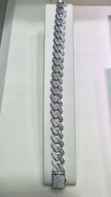 Medium Flat Curb Linked Silver Iced Bracelet With Cubic Zirconia Stones