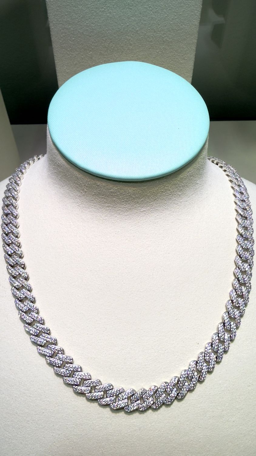 Medium Flat Curb Linked Silver Iced Chain With Cubic Zirconia Stones
