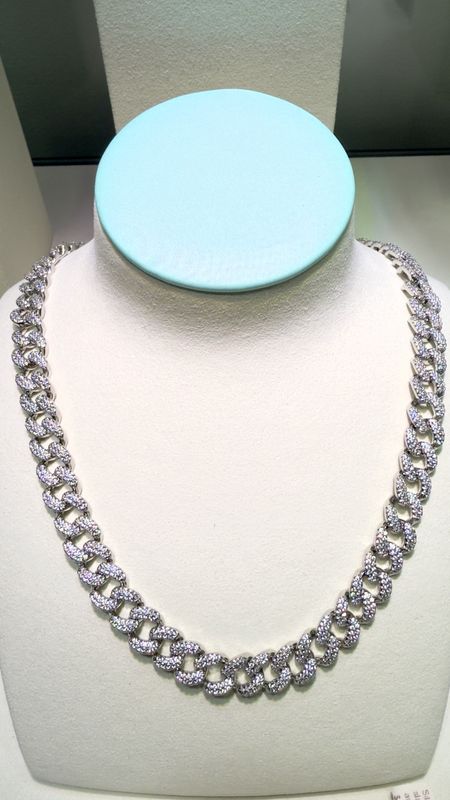 Large Rounded Curb Linked Silver Iced Chain Cith Cubic Zirconia Stones