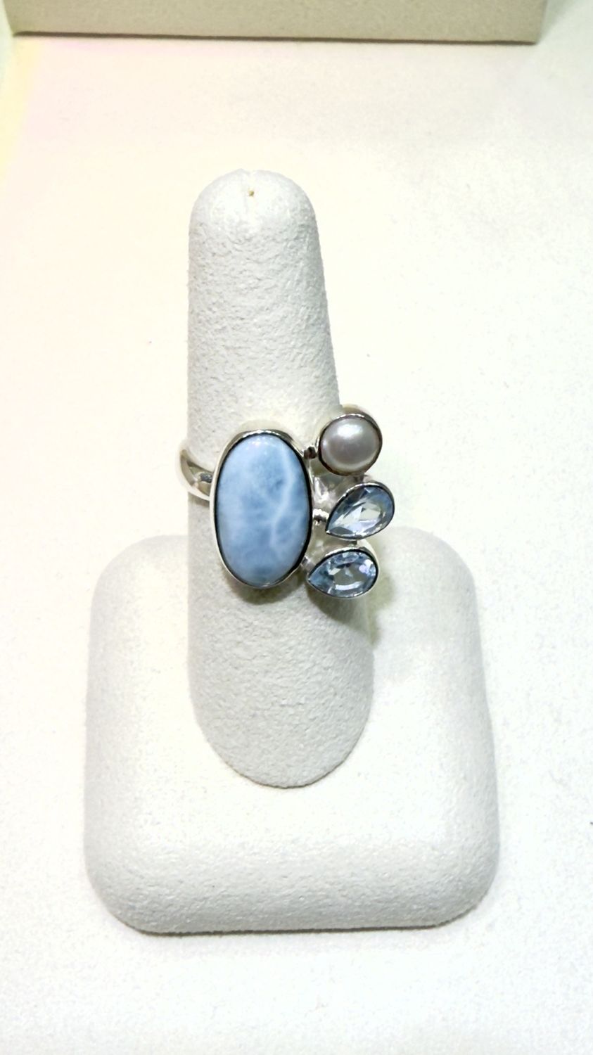 Silver Larimar and blue topaz ring