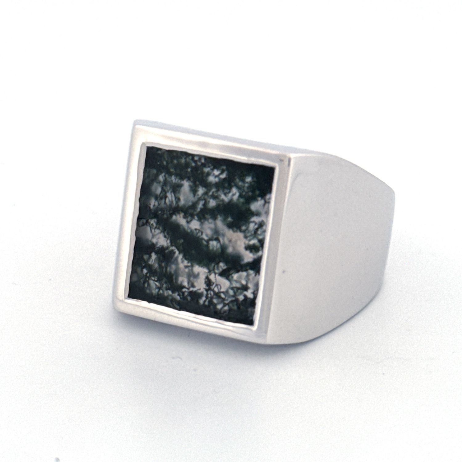 Large Moss Agate Silver Signet Ring