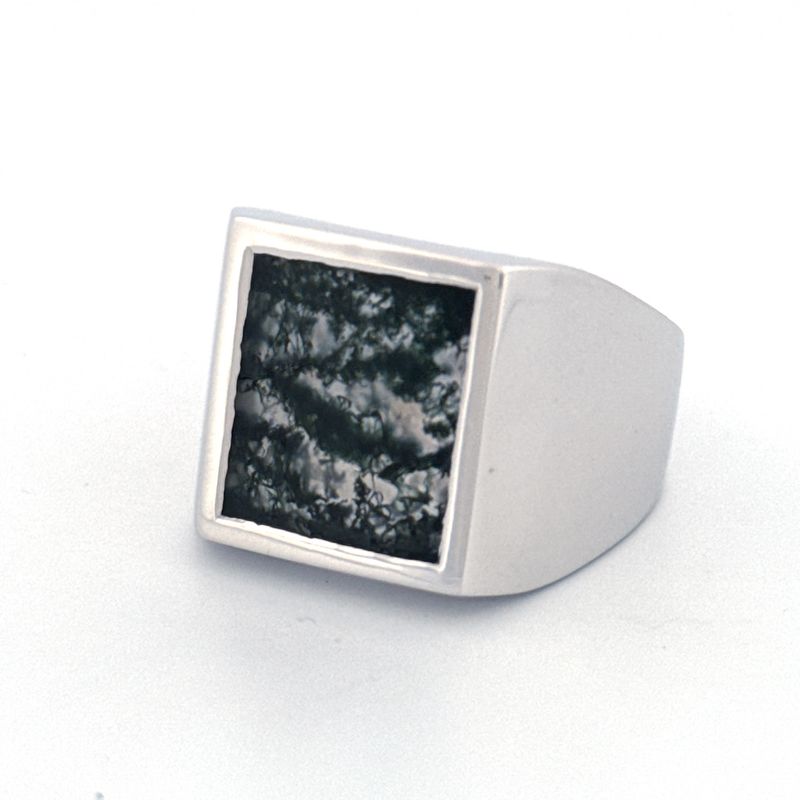 Large Moss Agate Silver Signet Ring
