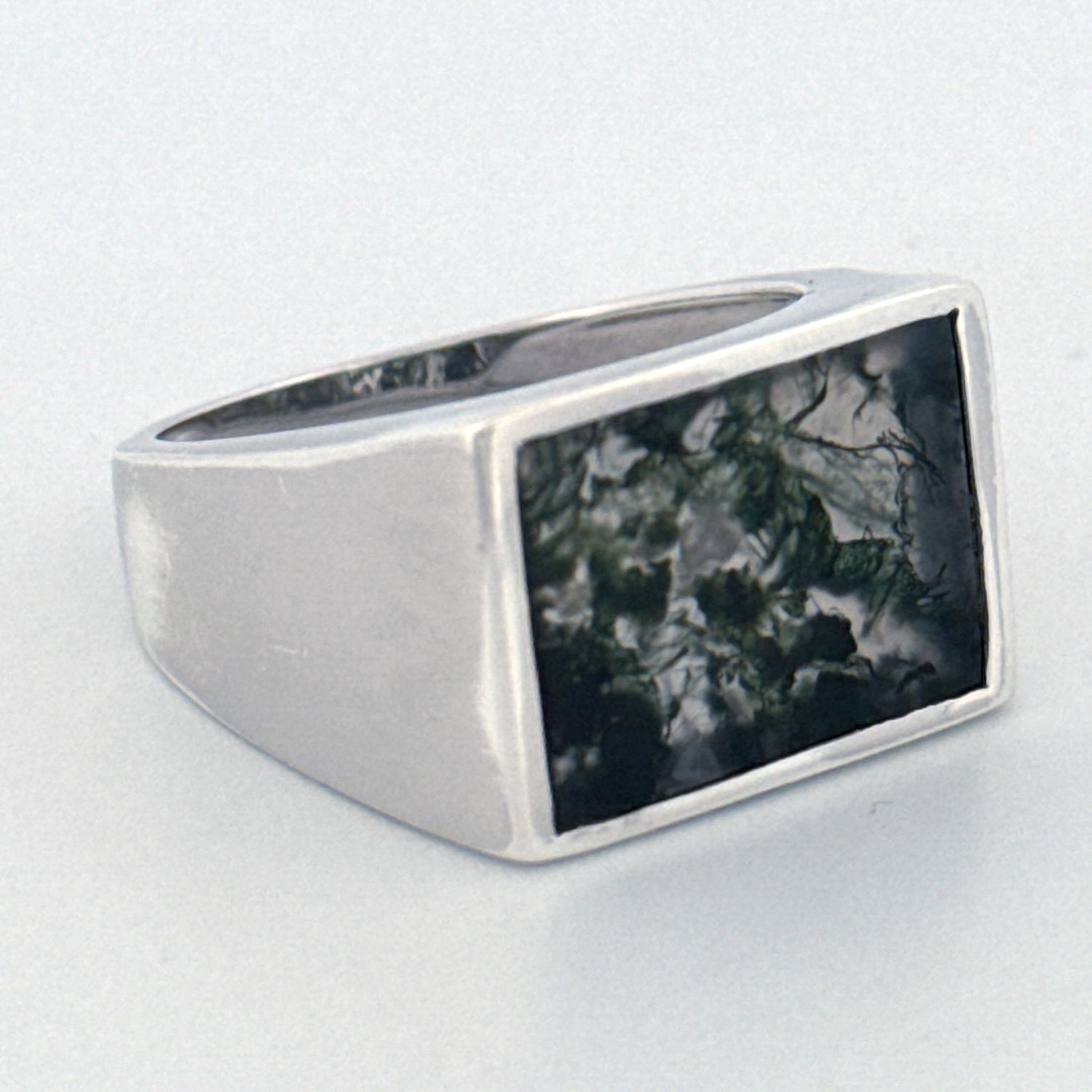 Rectangle Moss Agate Silver Signet Ring