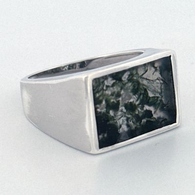 Rectangle Moss Agate Silver Signet Ring