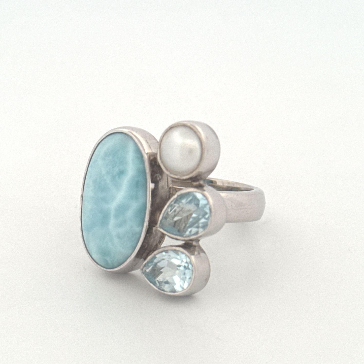 Silver Larimar and blue topaz ring