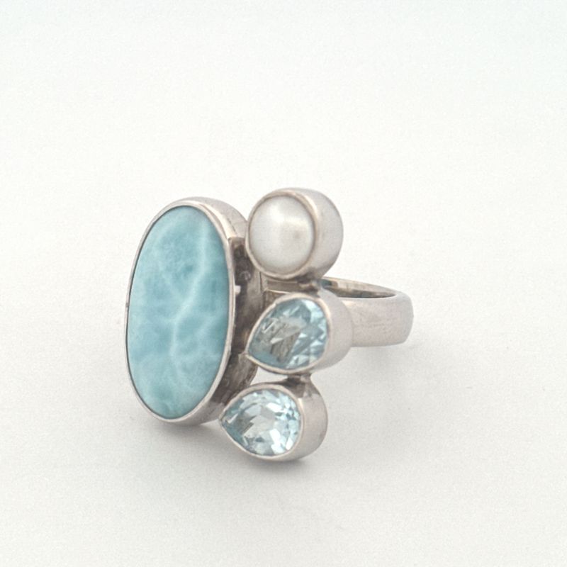 Silver Larimar and blue topaz ring