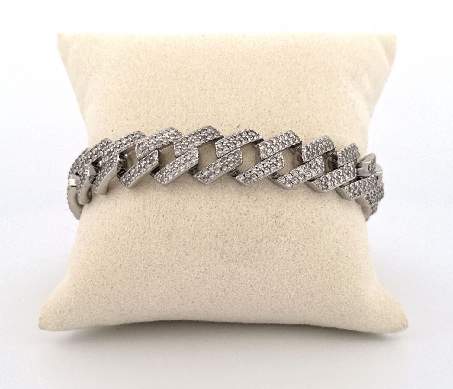 Medium Flat Curb Linked Silver Iced Bracelet With Cubic Zirconia Stones