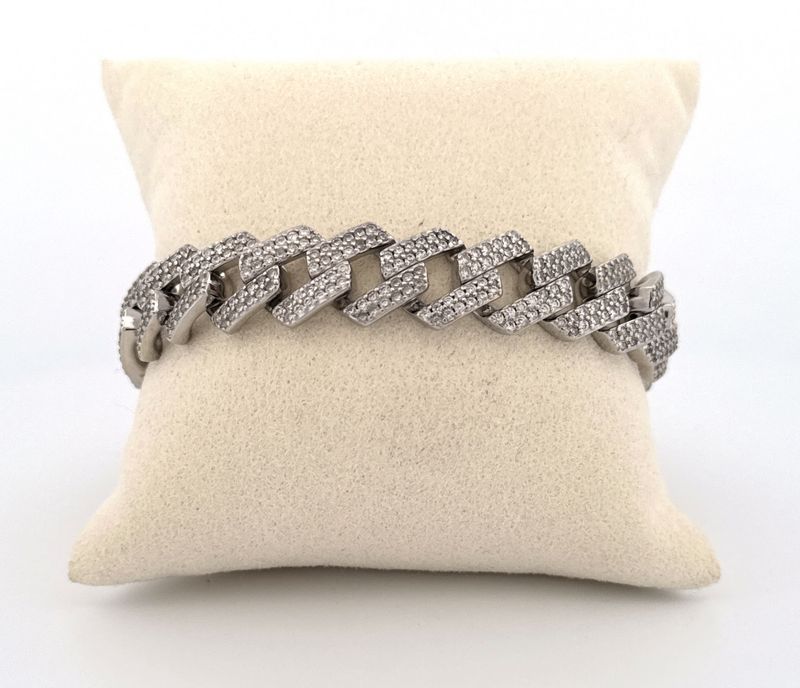 Medium Flat Curb Linked Silver Iced Bracelet With Cubic Zirconia Stones