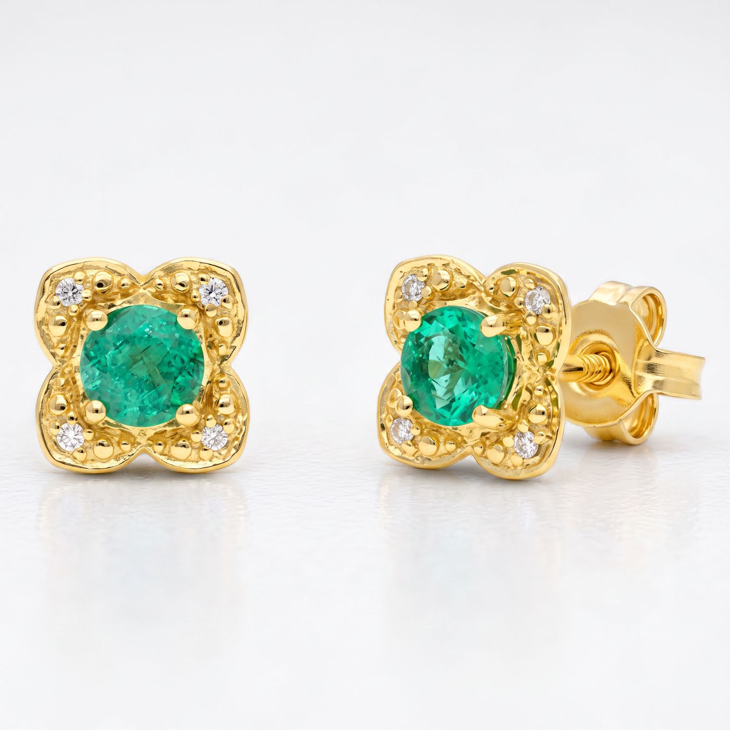 9ct Yellow Gold, Emerald &amp; Diamond 4 Petal Flower Stud Earring