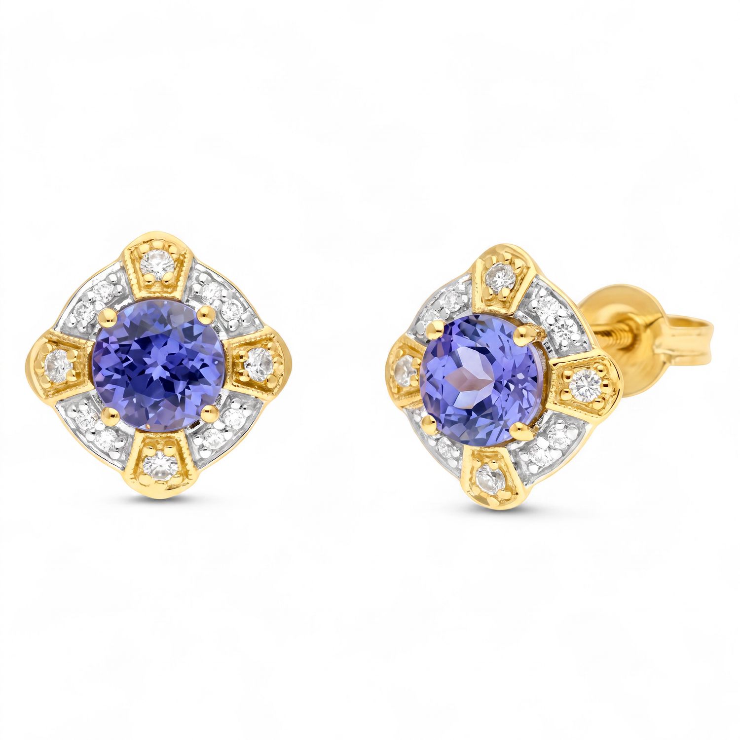 9ct Yellow Gold &amp; Tanzinite &amp; Diamond Stud Earring custom
