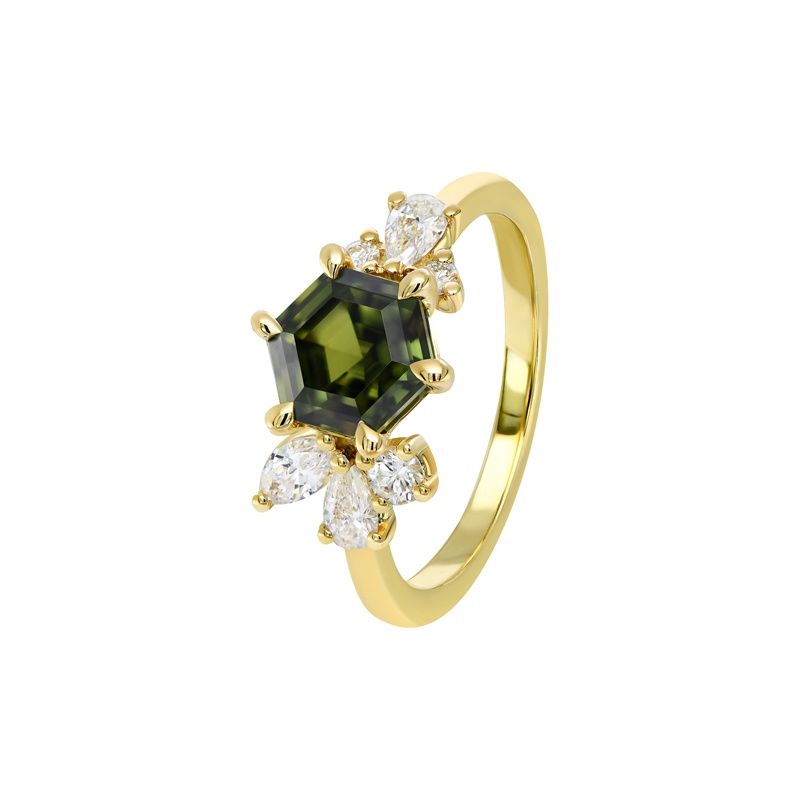 Aurelia Ring Hexagonal 18ct White Gold  Green Sapphire and Natural Diamond Ring