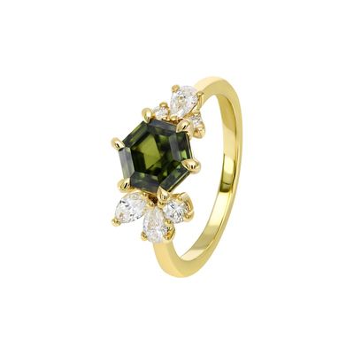 Aurelia Ring Hexagonal 18ct White Gold Green Sapphire and Natural Diamond Ring