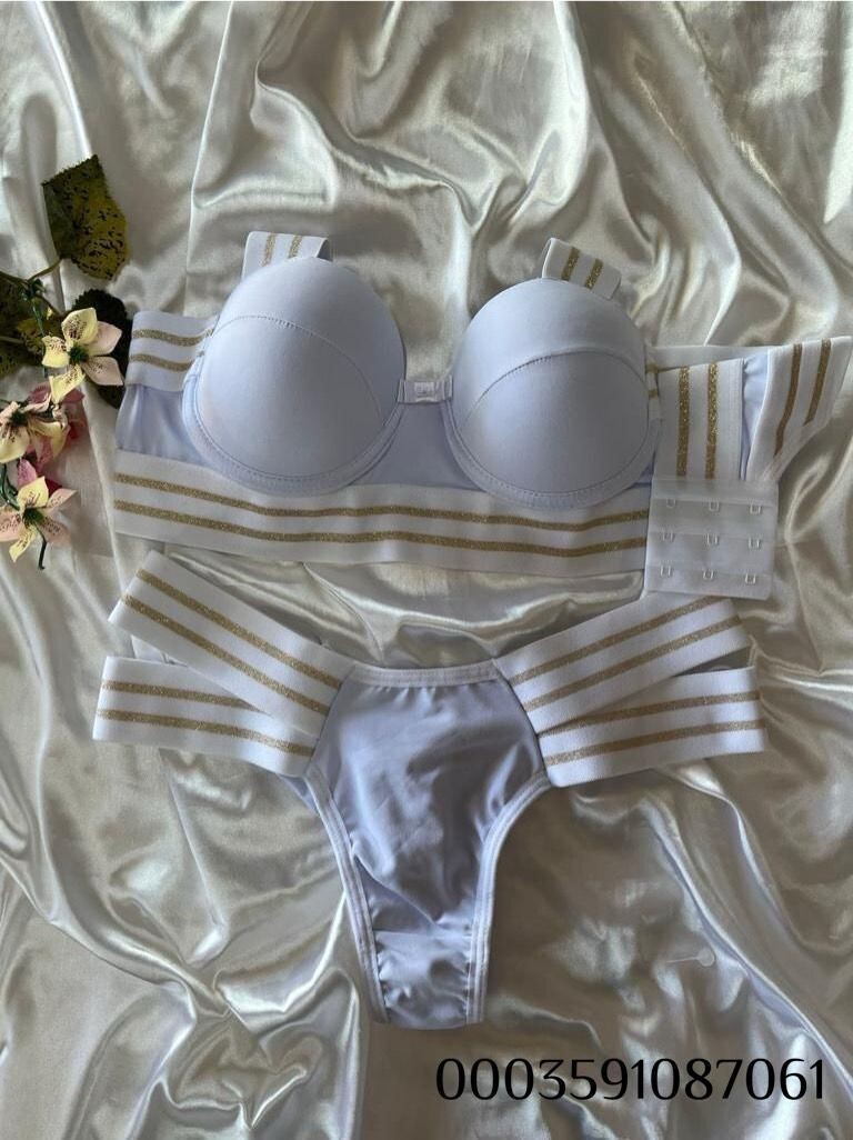 sportlich/ sexy weiss mit goldenen Streifen, BH inkl. Slip