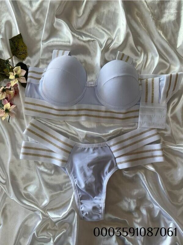 sportlich/ sexy weiss mit goldenen Streifen, BH inkl. Slip
